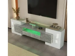 Clearance Móvel de TV elegante, modelo baixo, branco brilhante, 200 cm, iluminação LED, design moderno, superfície de vidro. Cinzento
