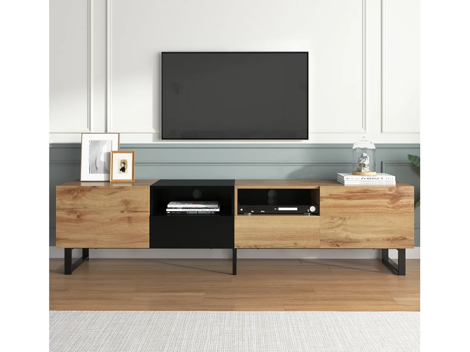 Móvel De Tv| Móvel de TV em madeira, com 2 portas e 2 gavetas, ideal para sala de estar ou quarto, 190x38x48 cm, madeira e . Preto