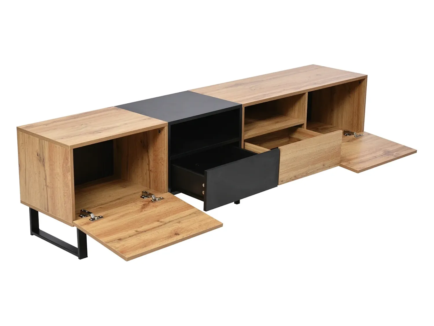 Móvel De Tv| Móvel de TV em madeira, com 2 portas e 2 gavetas, ideal para sala de estar ou quarto, 190x38x48 cm, madeira e . Preto