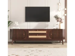 Móvel de TV em madeira maciça com 2 portas e 2 gavetas, 170 x 39,5 x 46 cm, Móvel de TV com laterais de vime^ Móvel De Tv