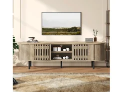 Sale Merax Móvel de TV em madeira vazada - 160 x 40 x 47 cm - com 2 portas + prateleira - para TVs de 65 polegadas - MDF - cor natural Natural claro