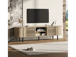 Sale Merax Móvel de TV em madeira vazada - 160 x 40 x 47 cm - com 2 portas + prateleira - para TVs de 65 polegadas - MDF - cor natural Natural claro
