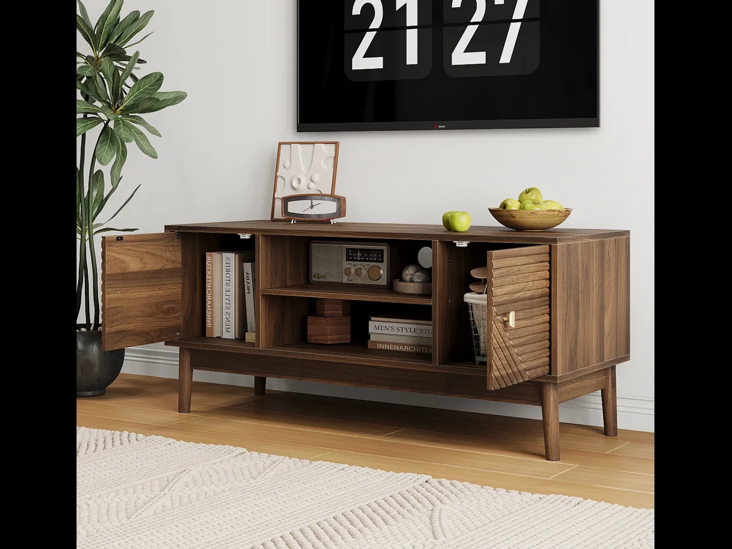 Móvel De Tv*Hauss Spole Móvel de TV em nogueira com 2 portas e arrumação aberta, estilo retro 110x40x48cm Castanho