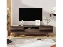 New Hauss Spole Móvel de TV em nogueira escura com 2 portas e 1 gaveta, design de porta de ripas de madeira 150x35x44cm Castanho