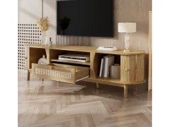 Móvel De Tv*Merax Móvel de TV em rattan - 165 x 37 x 46 cm - com 2 portas + 1 gaveta + prateleira - frente baixa - MDF - cor natural Natural claro