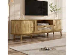 Móvel De Tv*Merax Móvel de TV em rattan - 165 x 37 x 46 cm - com 2 portas + 1 gaveta + prateleira - frente baixa - MDF - cor natural Natural claro