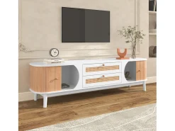 Móvel De Tv* Móvel de TV em rattan , Cômoda com duas portas e duas gavetas, patchwork e madeira Branco