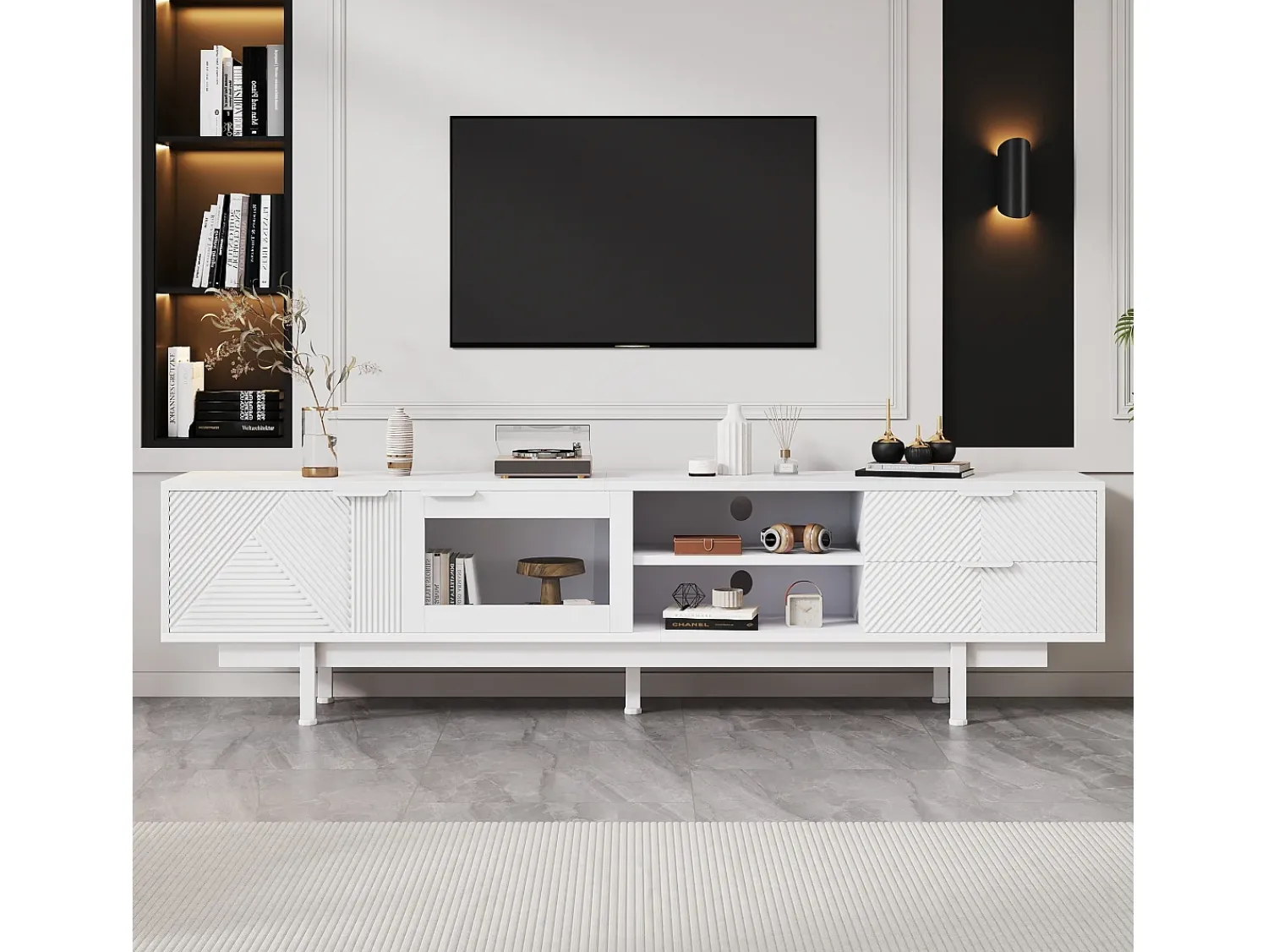Sale Móvel de TV estilo boêmio com espaço de armazenamento, portas de armário minimalistas, 200 x 40 x 51 cm, Branco