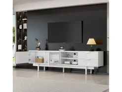 Móvel de TV estilo boêmio com espaço de armazenamento, portas de armário minimalistas, 200 x 40 x 51 cm, Branco
