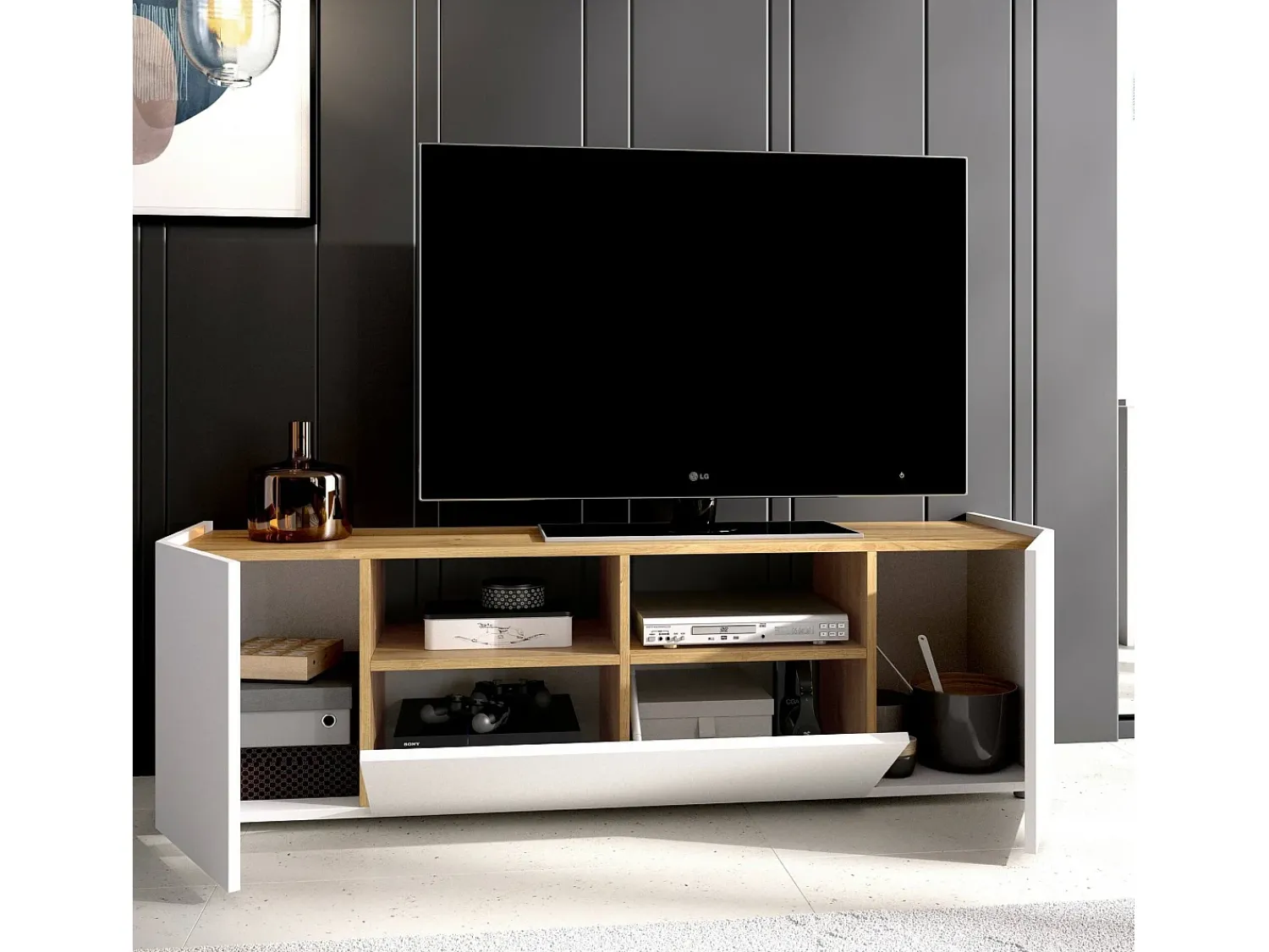 Móvel De Tv|Dmora Móvel de TV Etna, Aparador baixo da sala, Aparador da sala para televisão, 142x35h44 cm, e Carvalho Nó Branco