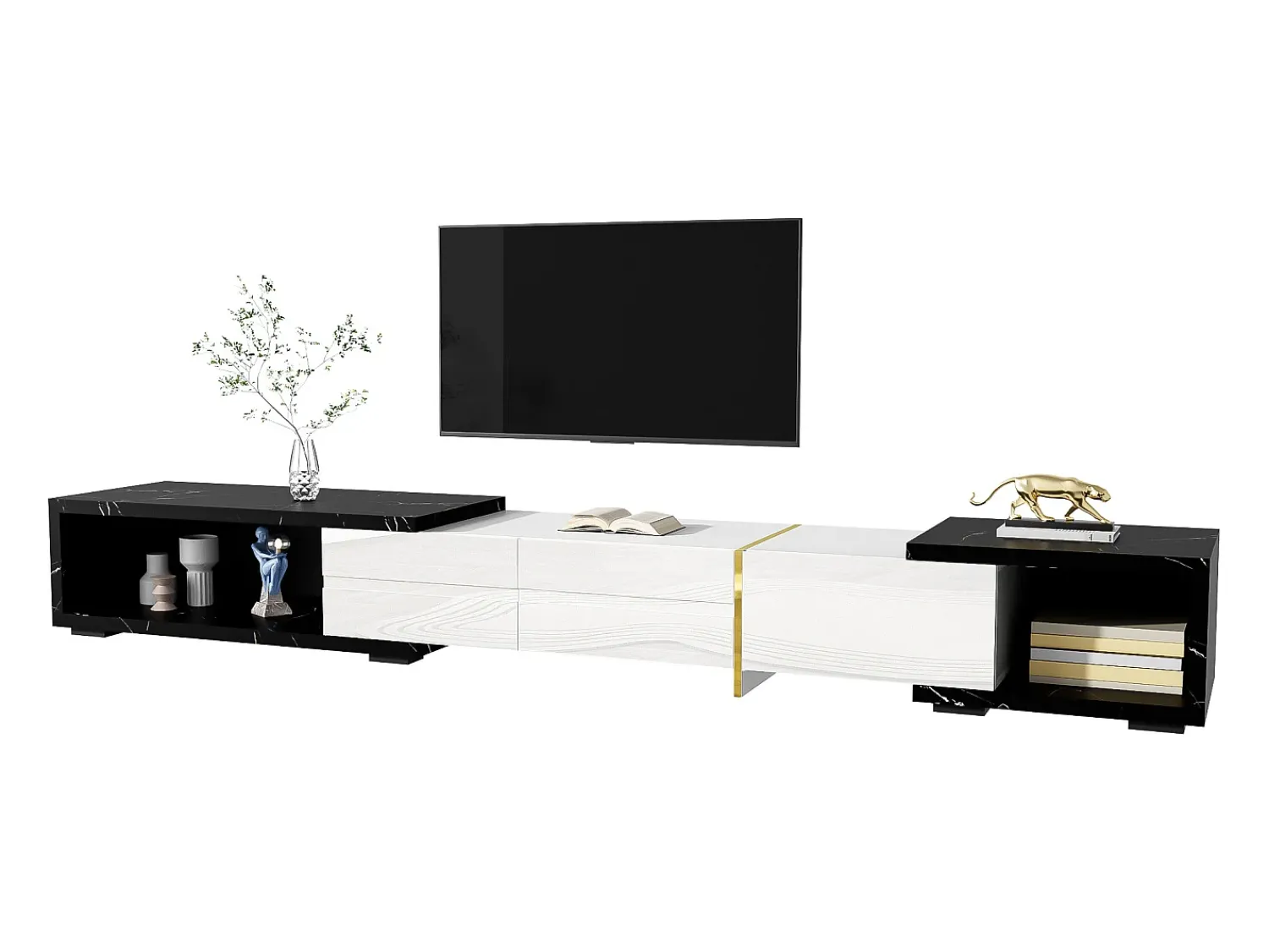 Merax Móvel de TV extensível e giratório com 3 portas - 140/260 x 40 x 30 cm - Efeito mármore - MDF - + branco^ Móvel De Tv