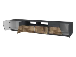 Hot Dmora Móvel de TV Gregorio, Aparador baixo de sala com 4 portas, Base de móvel de televisão, 100% Fabricado em Itália, 260x43h46 cm, Ardósia e Bordo Castanho