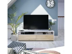Dmora Móvel de TV Henderson, Móvel de TV, Buffet moderno de sala baixa, Aparador de televisão de sala com 2 portas, 130x40h36 cm, brilhante^ Móvel De Tv