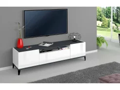 Móvel De Tv|Dmora Móvel de TV Ivan, Aparador baixo de sala com 2 portas, Base de móvel de televisão, 100% Fabricado na Itália, 160x40h47 cm, brilhante e ardósia Branco