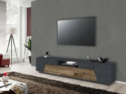 New Dmora Móvel de TV Jacopo, Aparador baixo de sala, Base de móvel de televisão, 100% Fabricado em Itália, 220x43h46 cm, Ardósia e Bordo Castanho