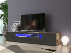 Móvel De Tv|Dmora Móvel de TV Jesse, Aparador baixo de sala com 3 portas, Base de móvel de televisão, 100% Fabricado em Itália, 200x40h37 cm, Bordo e Ardósia, com luz LED Castanho