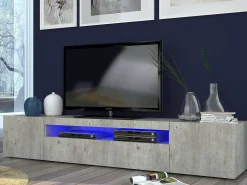 Dmora Móvel de TV Jesse, Aparador baixo de sala com 3 portas, Base de móvel de televisão, 100% Fabricado na Itália, 200x40h37 cm, Cimento, com luz LED^ Móvel De Tv