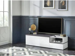 Móvel De Tv|Dmora Móvel de TV Lapo, Aparador baixo de sala com 2 portas, Base de móvel de televisão, 100% Fabricado em Itália, 160x40h46 cm, brilhante e ardósia Branco