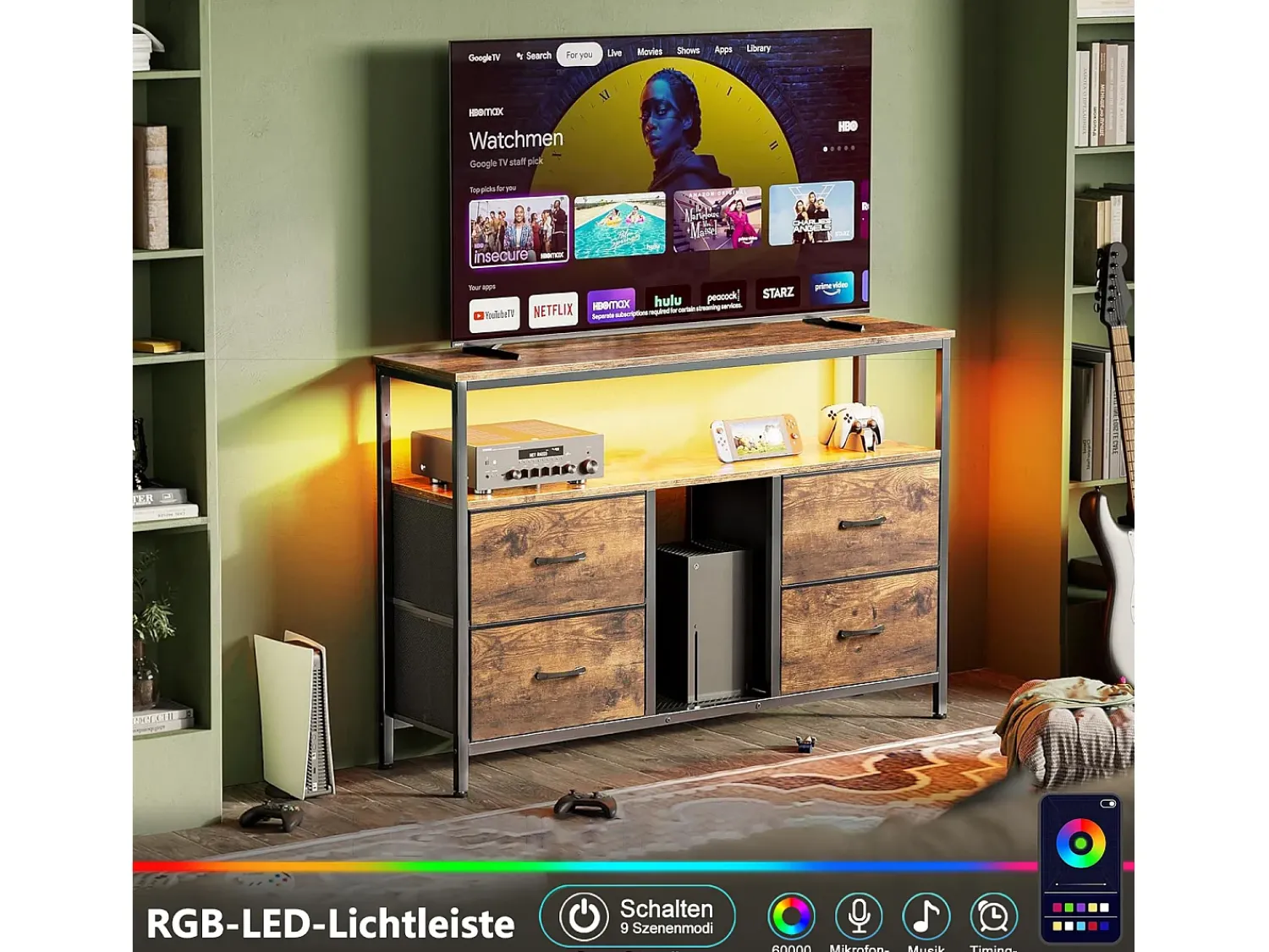 Móvel de TV LED com 4 gavetas, aparador de TV retrô de 108x30x78 cm, gaveta cor pele de tigre^ Móvel De Tv