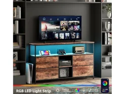 Móvel De Tv| Móvel de TV LED com 4 gavetas, aparador de TV retrô de 137x30x78 cm, gaveta cor pele de tigre Preto / Natural escuro