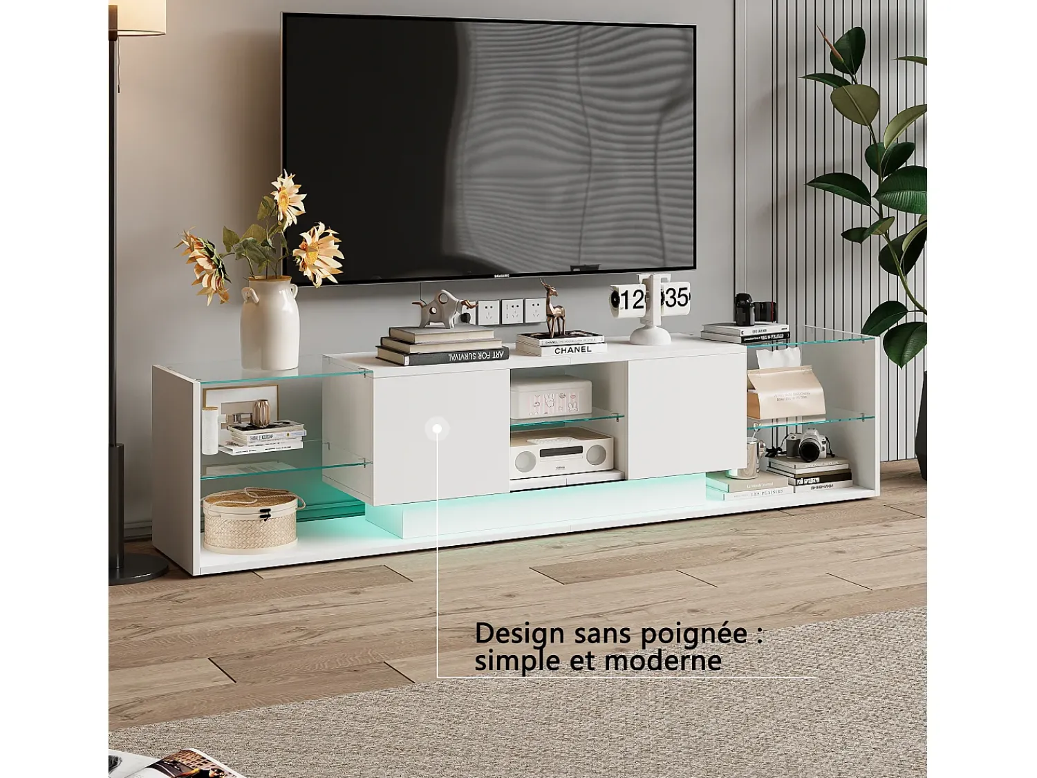 Hot Móvel de TV LED Suspenso Branco 200cm com Design Moderno, Vidro Temperado e Iluminação RGB Bege