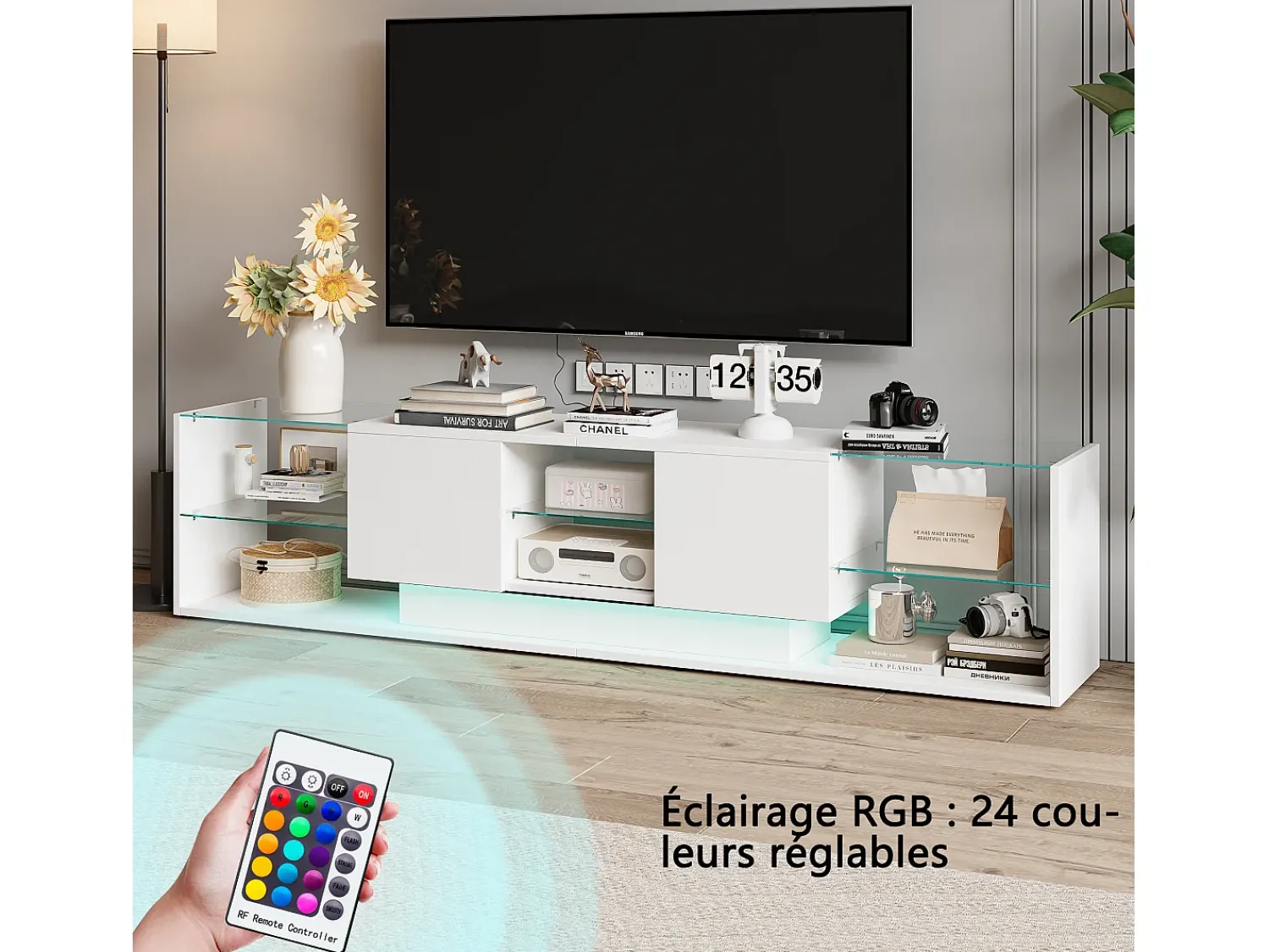 Hot Móvel de TV LED Suspenso Branco 200cm com Design Moderno, Vidro Temperado e Iluminação RGB Bege