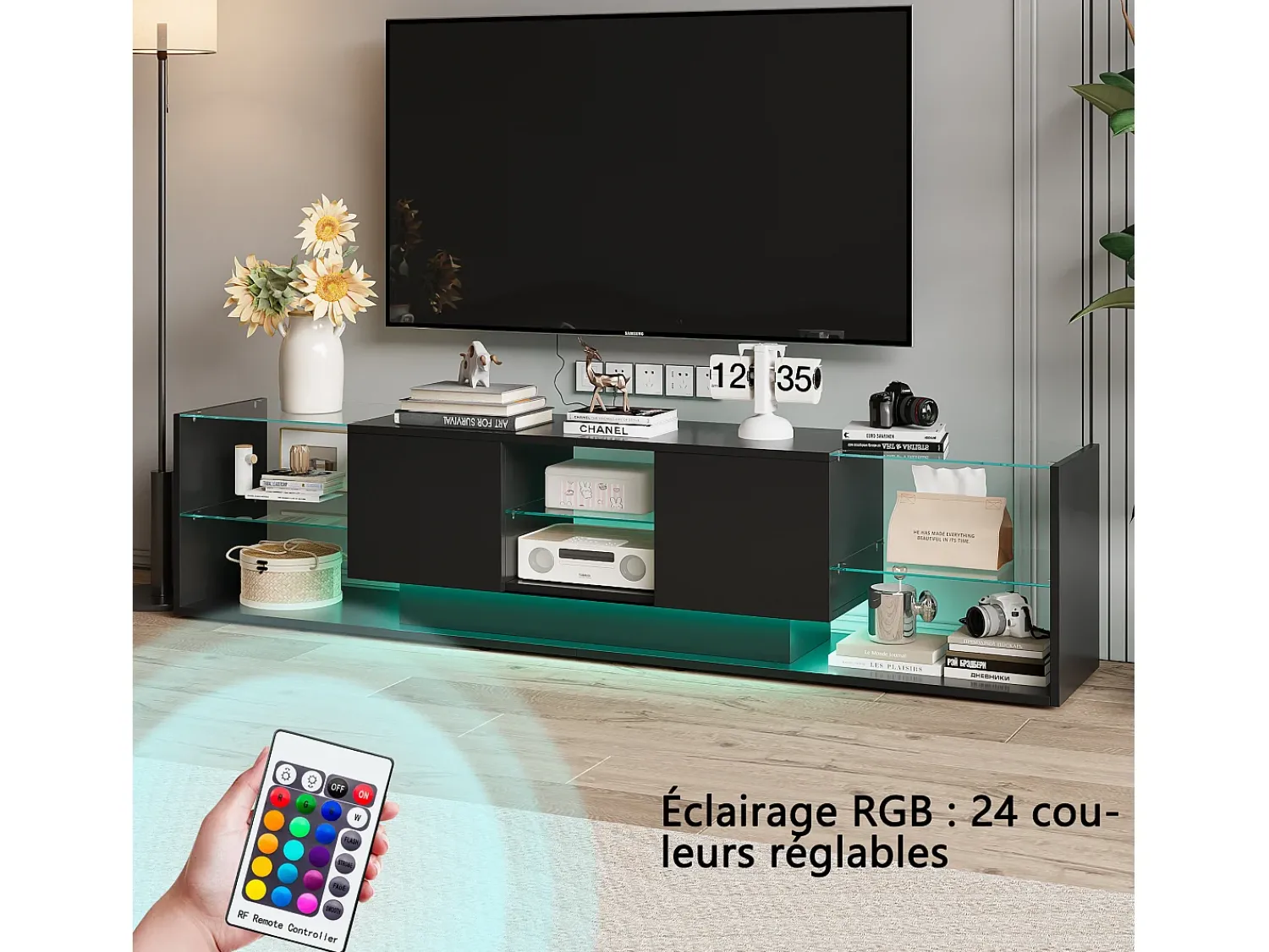 Móvel De Tv* Móvel de TV LED Suspenso Preto 200cm com Design Moderno, Vidro Temperado e Iluminação RGB Bege