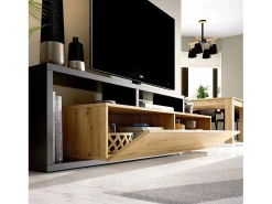 Móvel De Tv|Dmora Móvel de TV Maiella, Aparador baixo da sala, Aparador da sala para televisão, 165x40h47 cm, Carvalho Nodi e Antracite Castanho
