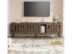Clearance Merax Móvel de TV minimalista e baixo - 160 x 40 x 47 cm - com design vazado + 3 portas - para TVs de 65 polegadas - MDF - marrom Castanho