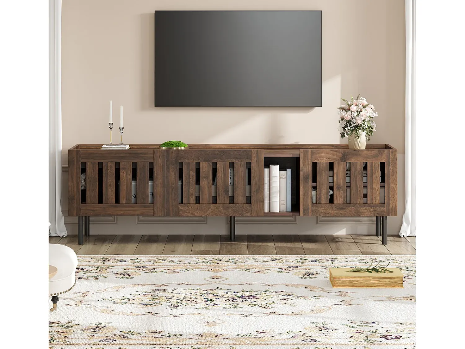Clearance Merax Móvel de TV minimalista e baixo - 160 x 40 x 47 cm - com design vazado + 3 portas - para TVs de 65 polegadas - MDF - marrom Castanho