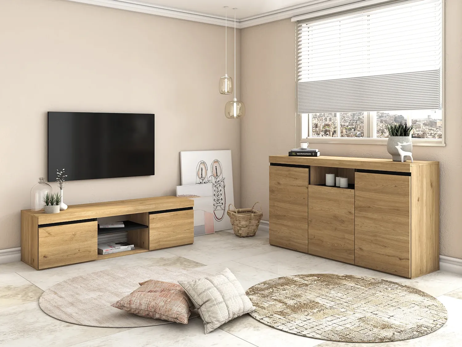 Skraut Home Móvel de TV modelo NATURALE cor Carvalho e Preto, 140x40x41cm^ Móvel De Tv