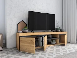 Skraut Home Móvel de TV modelo NATURALE cor Carvalho e Preto, 160x40x41cm^ Móvel De Tv