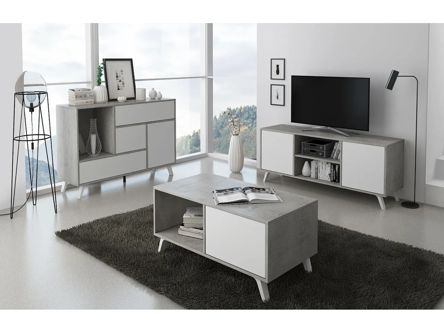 Clearance Skraut Home Móvel de TV modelo WIND, cor Cinzento Cemento e , 95x40x57cm Branco