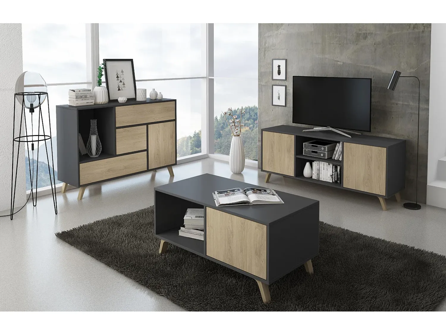 Móvel De Tv*Skraut Home Móvel de TV modelo WIND, cor Cinza Antracite e Carvalho, 95x40x57cm Natural claro