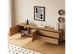 Merax Móvel de TV moderno - 180 x 38 x 51,5 cm - com 2 portas + 2 gavetas - design exclusivo - textura 3D - aglomerado - cor natural^ Móvel De Tv