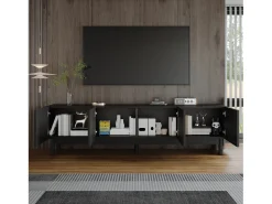 Móvel De Tv|Merax Móvel de TV moderno - 169 x 35 x 45,5 cm - com 4 portas curvas em forma de onda - MDF + aglomerado - Preto