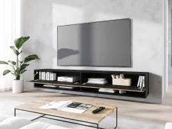 Móvel De Tv* Móvel de TV moderno 180 cm – corpo mate, frentes MDF carvalho wotan em espinha, sem puxadores, de chão ou suspenso Preto