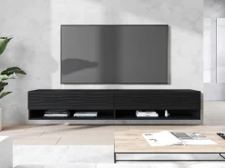 Móvel De Tv| Móvel de TV moderno 180 cm – corpo mate, frentes MDF onduladas, sem puxadores, de chão ou suspenso, cor grafite mate Preto