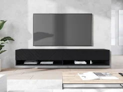 Móvel De Tv* Móvel de TV moderno 180 cm – corpo mate, frentes MDF em espinha, sem puxadores, de chão ou suspenso, cor grafite mate Preto