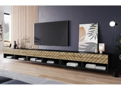 Móvel De Tv| Móvel de TV moderno 300 cm – corpo mate, frentes carvalho Wotan MDF espinha de peixe, de chão ou suspenso Preto