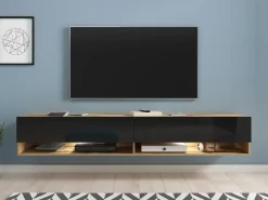 Hot Móvel de TV moderno 180 cm – sem puxadores, corpo carvalho Wotan, frentes preto brilho, de chão ou suspenso Castanho