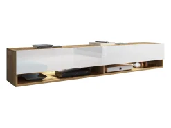 Sale Móvel de TV moderno 180 cm – sem puxadores, corpo carvalho Wotan, frentes branco brilho, de chão ou suspenso Castanho