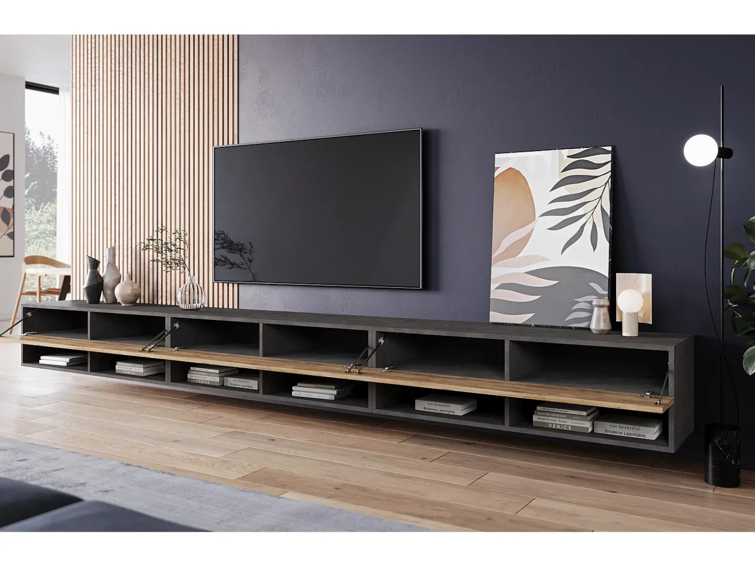 Móvel de TV moderno 300 cm – sem puxadores, corpo antracite Matera, frentes castanheiro, mate, de chão ou suspenso^ Móvel De Tv