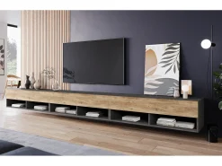Móvel de TV moderno 300 cm – sem puxadores, corpo antracite Matera, frentes castanheiro, mate, de chão ou suspenso^ Móvel De Tv