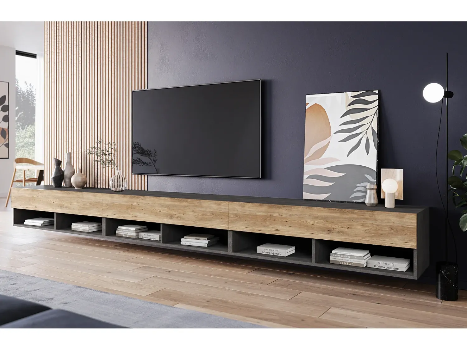 Móvel de TV moderno 300 cm – sem puxadores, corpo antracite Matera, frentes castanheiro, mate, de chão ou suspenso^ Móvel De Tv