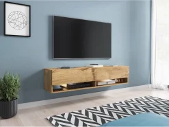 Móvel De Tv* Móvel de TV moderno 140 cm – sem puxadores, de chão ou suspenso, 1 porta basculante, 2 nichos, cor carvalho wotan mate Castanho