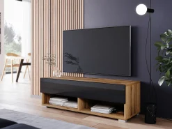 Móvel De Tv| Móvel de TV moderno 100 cm – sem puxadores, corpo carvalho wotan, frentes preto brilho, de chão ou suspenso Castanho