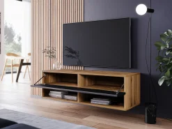 Móvel De Tv| Móvel de TV moderno 100 cm – sem puxadores, corpo carvalho wotan, frentes preto brilho, de chão ou suspenso Castanho