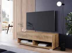 Móvel De Tv* Móvel de TV moderno 100 cm – sem puxadores, de chão ou suspenso, 1 porta basculante, 2 nichos, cor castanheiro mate Castanho