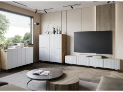 Móvel de TV moderno 190 cm artisan com pés para sala de estar, frentes em MDF brancas com ranhuras, 4 portas basculantes^ Móvel De Tv